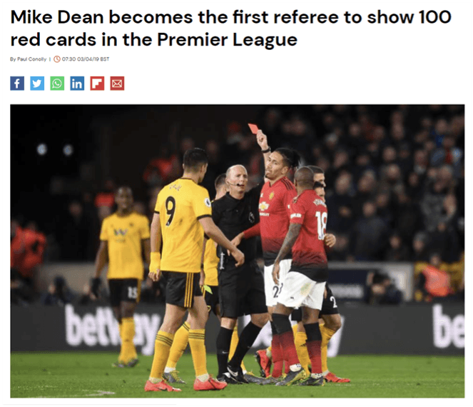 Mike Dean의 EPL 통산 레드카드 100장 기록 관련 자료